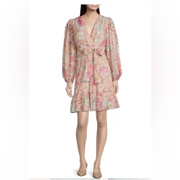 Alex Marie Dresses & Skirts - Alex Marie Simone Pink Teal Floral Long Sleeve Tiered Dress Vneck Sz 14 BNWT